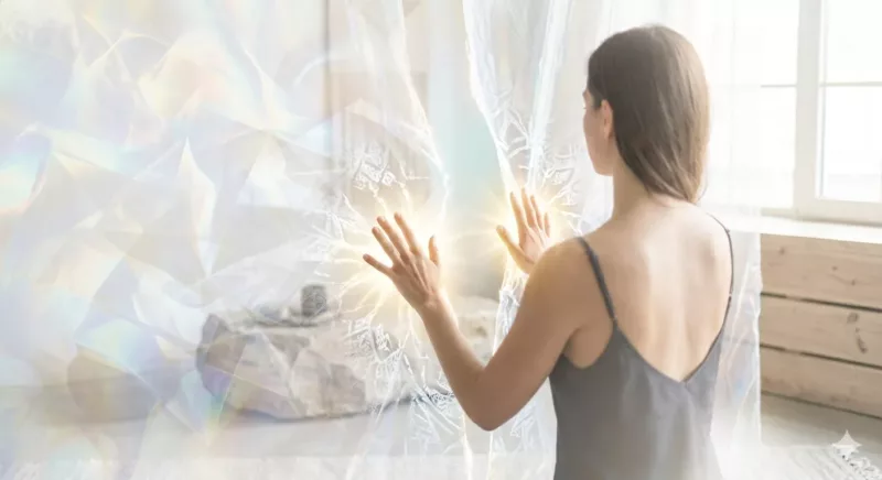 changement-de-vie-avant Photographie épurée d'une femme de dos, dissipant un voile d'énergie opalescent et lumineux, symbolisant la libération des blocages invisibles pour un changement de vie