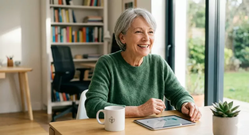 meilleure-mutuelle-dentaire Une retraitée de 65 ans sourit de manière confiante et saine symbolisant la vitalité et le bien-être dentaire grâce à une bonne mutuelle